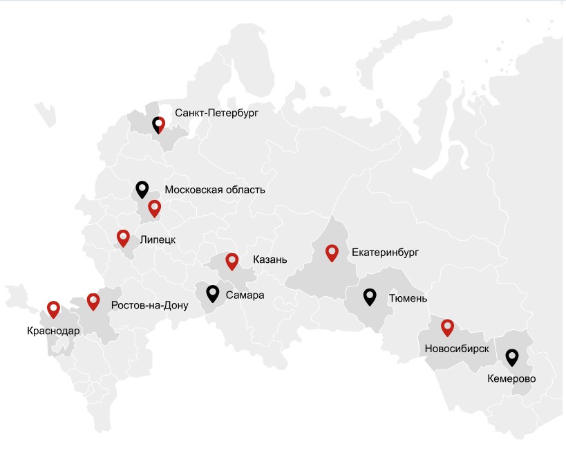 карта РФ с филиалами компании